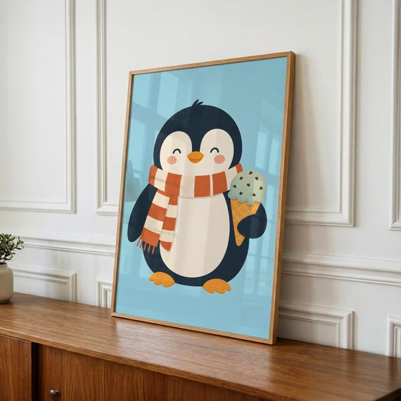 Penguin Ice Cream Print, Whimsical Animal Kids Room Art (Digital Download)